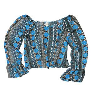 Anthropologie Paper Crane Blue Print Crop Top Bell Sleeve Top Small